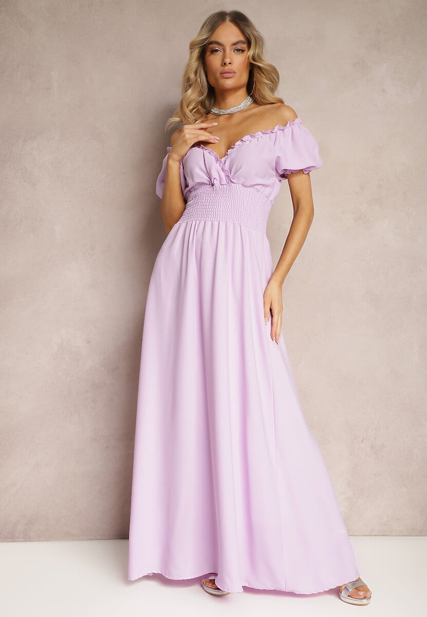 Fioletowa Sukienka z Wiskozy z Gumką w Talii i Kopertowym Dekoltem Rhoneri