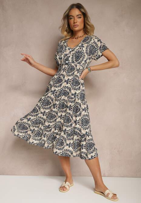 Granatowa Rozkloszowana Sukienka z Bawełny z Gumką w Talii Desanita