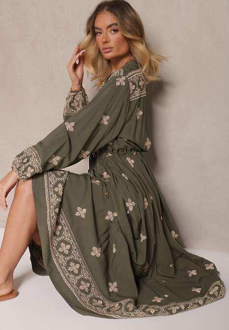 Ciemnozielona Sukienka z Bawełną Haftem i Sznurkiem w Pasie Zenlio