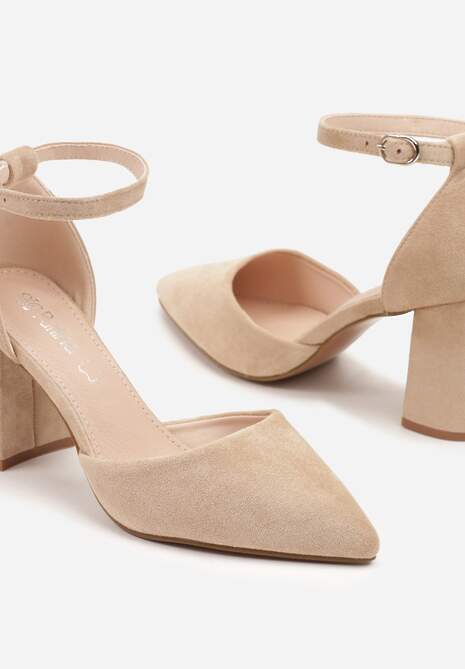 Beżowe Czółenka na Obcasie ze Skórzaną Wkładką i Paskiem Wokół Kostki Veliona
