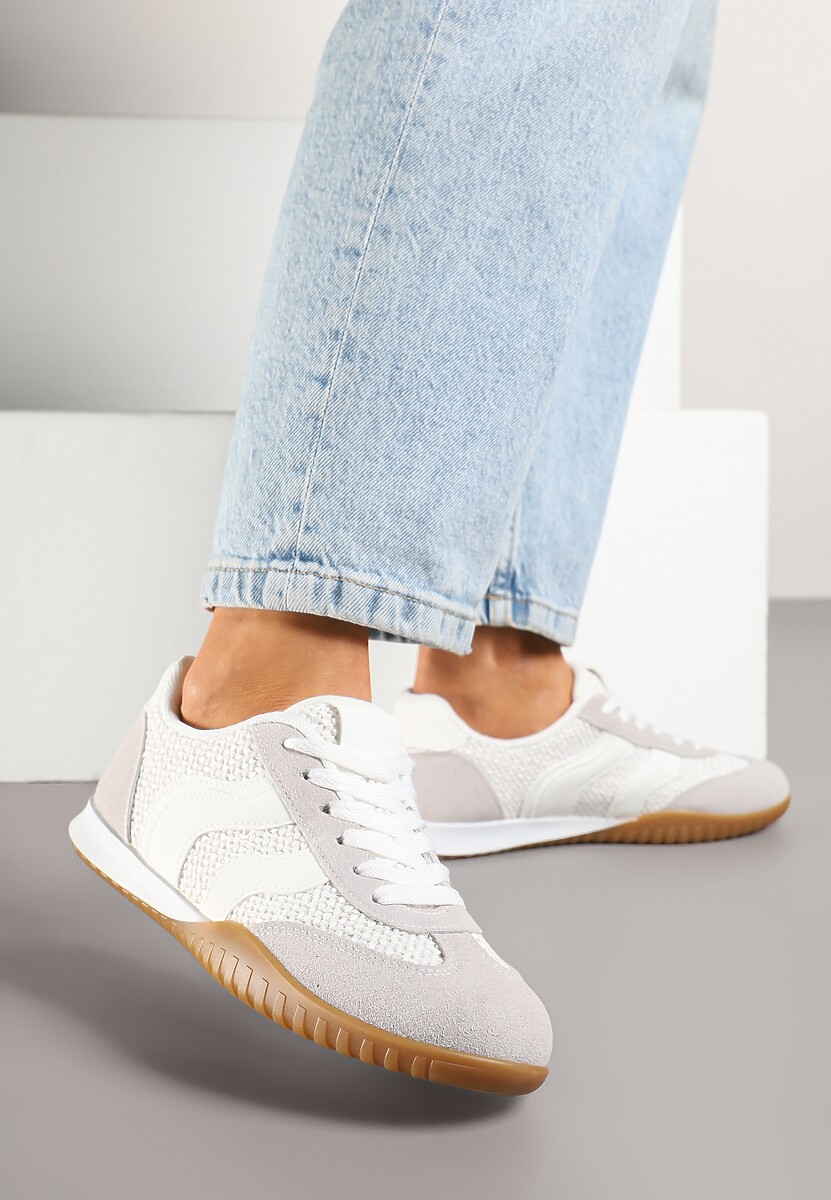 Biało-Szare Sneakersy z Geometrycznym Motywem i Plecionką Laniffia