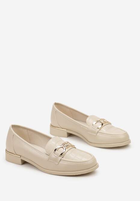 Beżowe Mokasyny Ozdobione Tłoczeniem na Wzór Skóry Krokodyla i Klamrą Viella