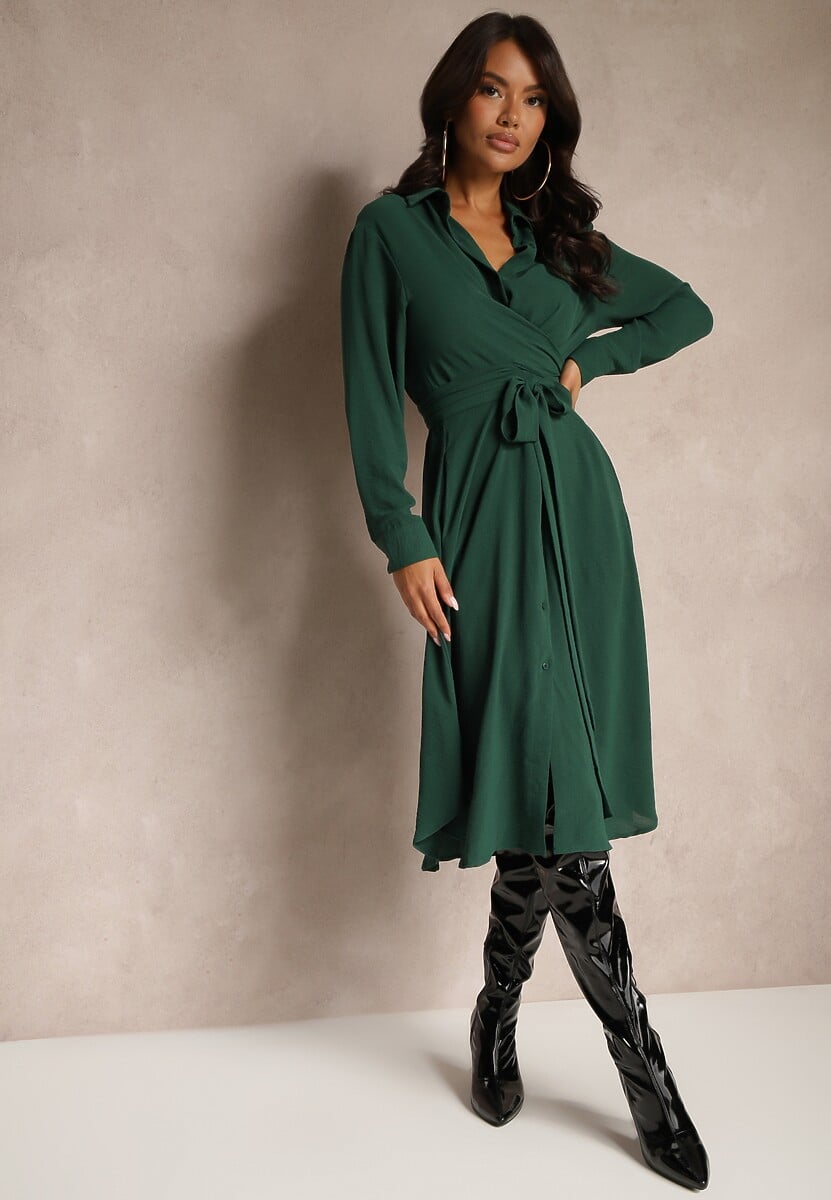 Ciemnozielona Sukienka Midi z Kołnierzykiem i Materiałowym Paskiem Rasik