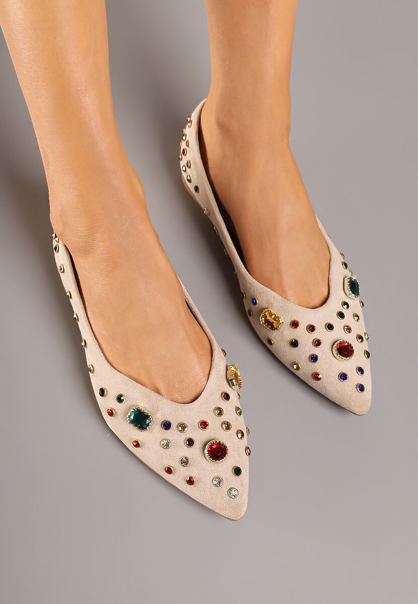 Ciemnobeżowe Balerinki z Ozdobnymi Kamykami Ulirella