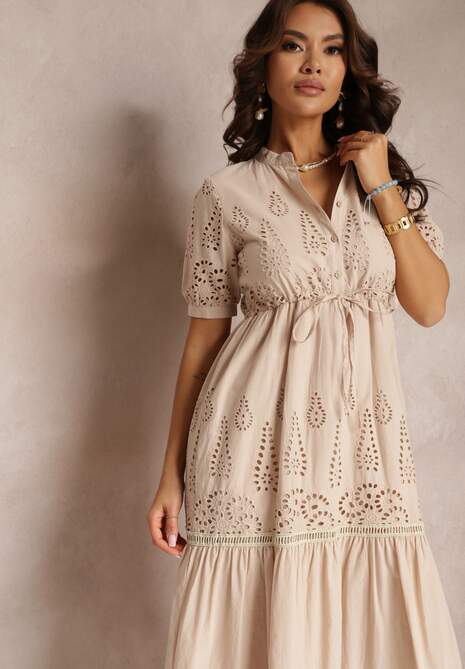 Beżowa Haftowana Sukienka Bawełniana ze Ściągaczem w Talii Ineryna