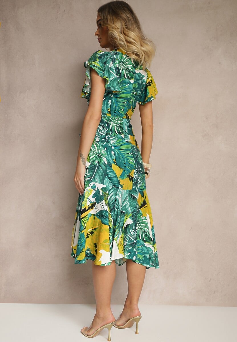 Zielona Sukienka o Rozkloszowanym Kroju z Wiązaniem z Motywem Roślinnym Janiraena
