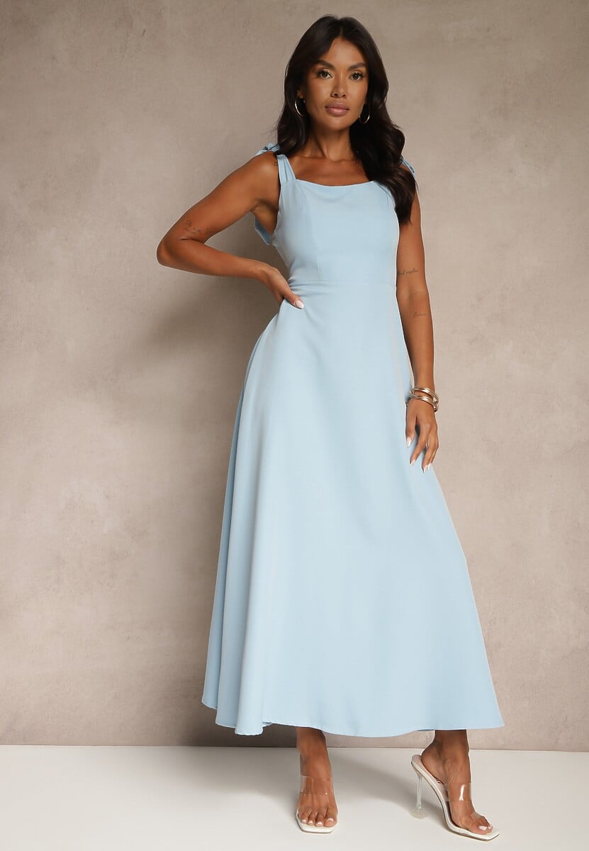 Niebieska Sukienka z Wiskozą o Rozkloszowanym Kroju z Wiązaniem Nilafeia