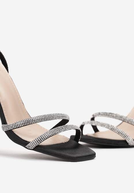 Czarne Sandały na Szpilce ze Sprzączką i Cyrkoniami Aintha