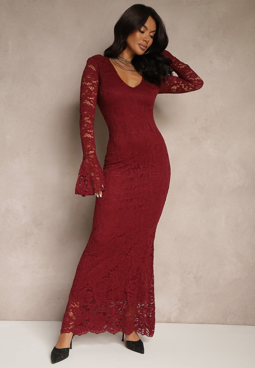 Bordowa Dopasowana Sukienka Zdobiona Koronką z Rozszerzanym Dołem Hannalis
