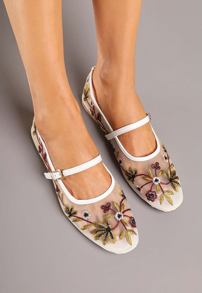 Białe Balerinki z Siateczki w Stylu Mary Jane Zdobione Kwiatowym Haftem Nitelissa