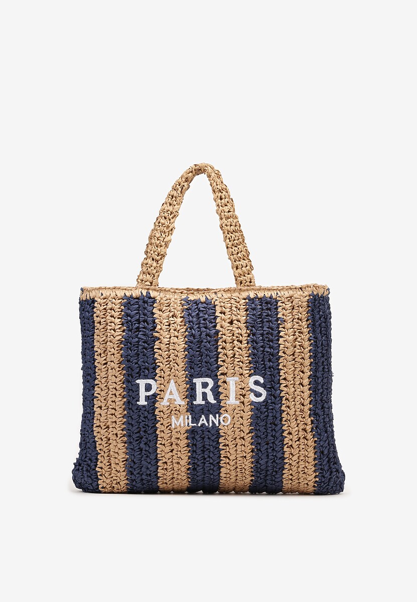 Granatowo-Beżowa Pleciona Torebka z Rączką i Ozdobnym Napisem Rivasina