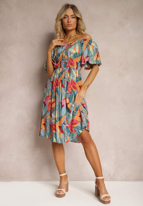 Zielono-Różowa Sukienka z Wiskozy z Gumką w Talii Ozdobiona Bufiastymi Rękawami Kiozara