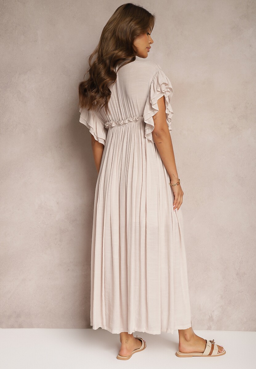 Beżowa Bawełniana Sukienka z Gumką w Talii i Falbankami Rivatia