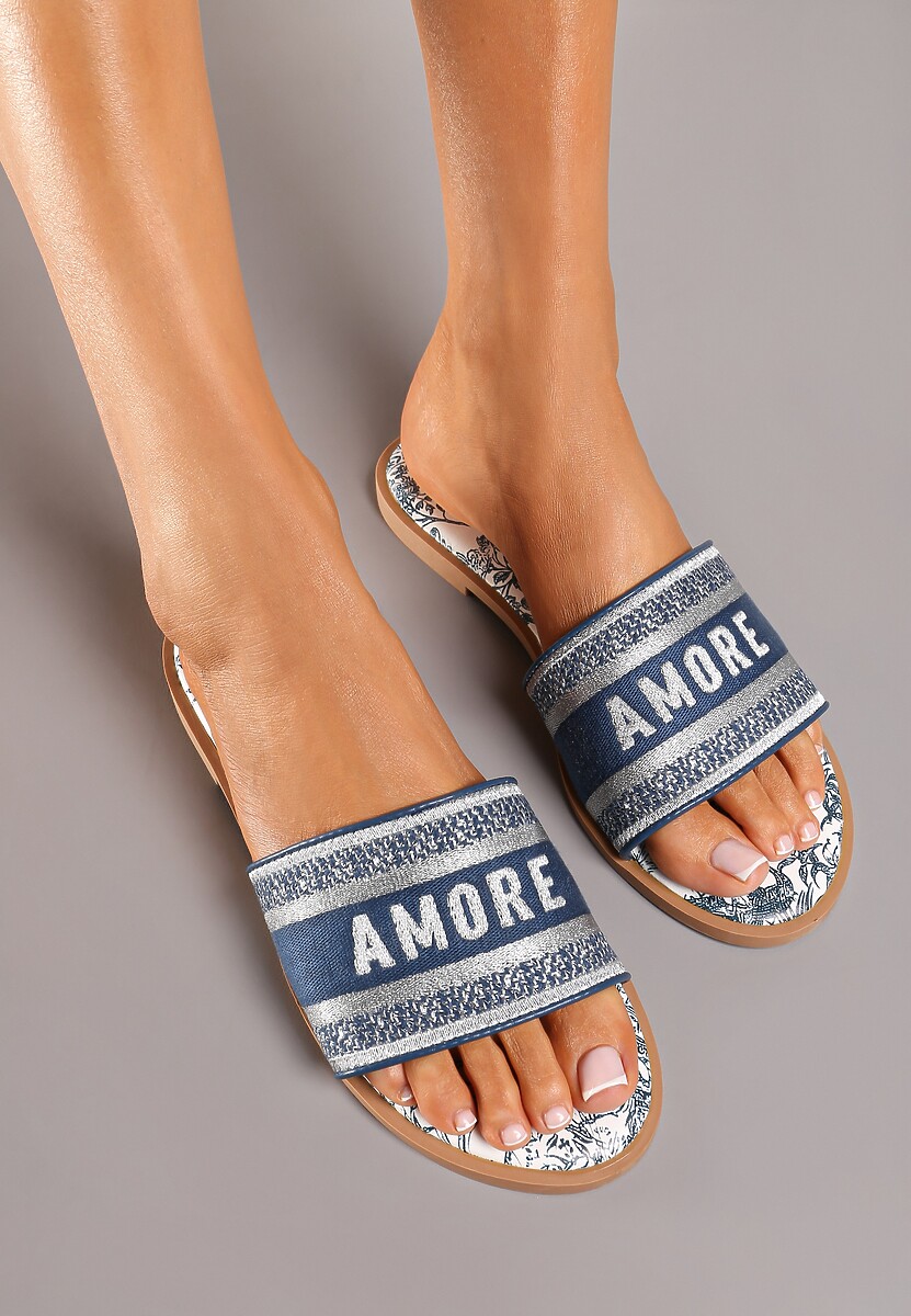 Niebieskie Klapki na Płaskiej Podeszwie z Wkładką z Imitacji Skóry i Metaliczną Nicią Muricella