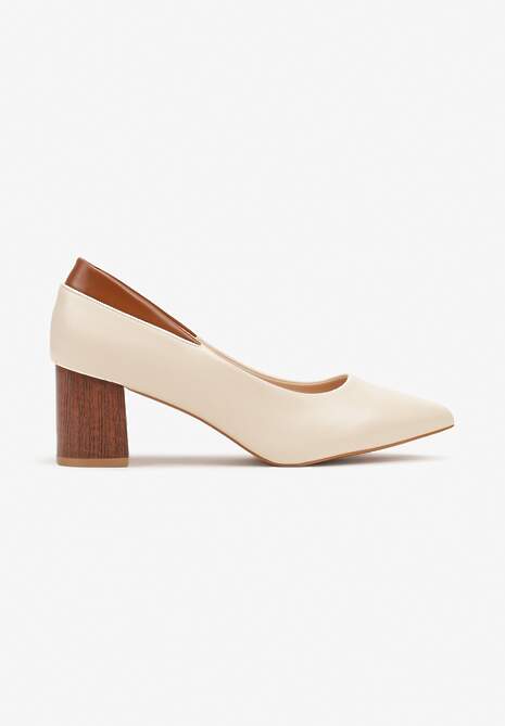 Beżowe Czółenka na Obcasie Typu Słupek z Kontrastową Wstawką Avistina