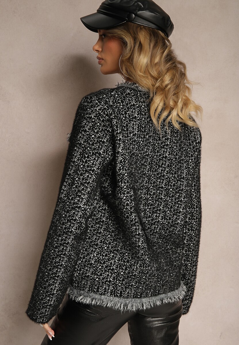 Czarny Rozpinany Kardigan z Wiskozą Ozdobiony Frędzlami i Metaliczną Nitką Fezirae