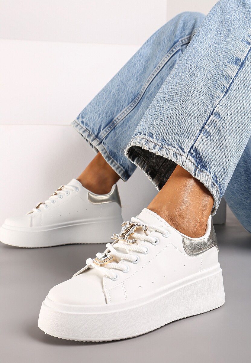 Biało-Złote Sneakersy na Platformie Ozdobione Cyrkoniami i Aplikacjami na Sznurówkach Arretea