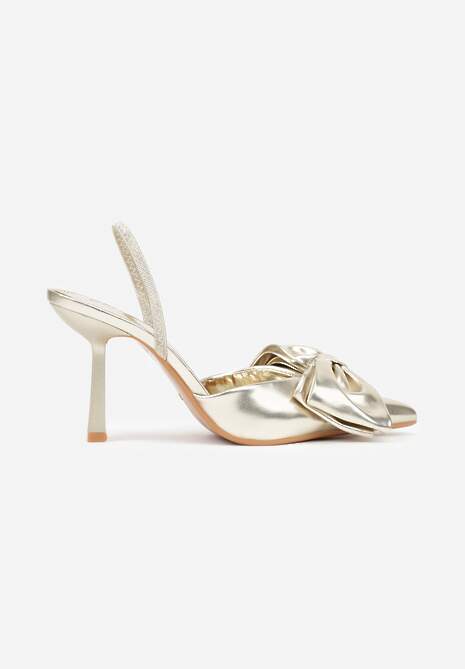 Złote Sandały na Szpilce Slingback Ozdobione Kokardą Terrafera