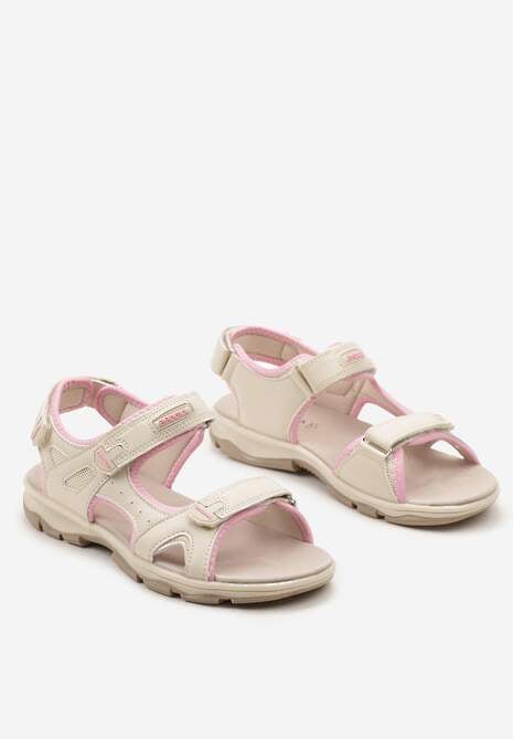 Beżowo-Różowe Płaskie Sandały ze Skórzaną Wkładką i Zapięciami na Rzepy Tesama