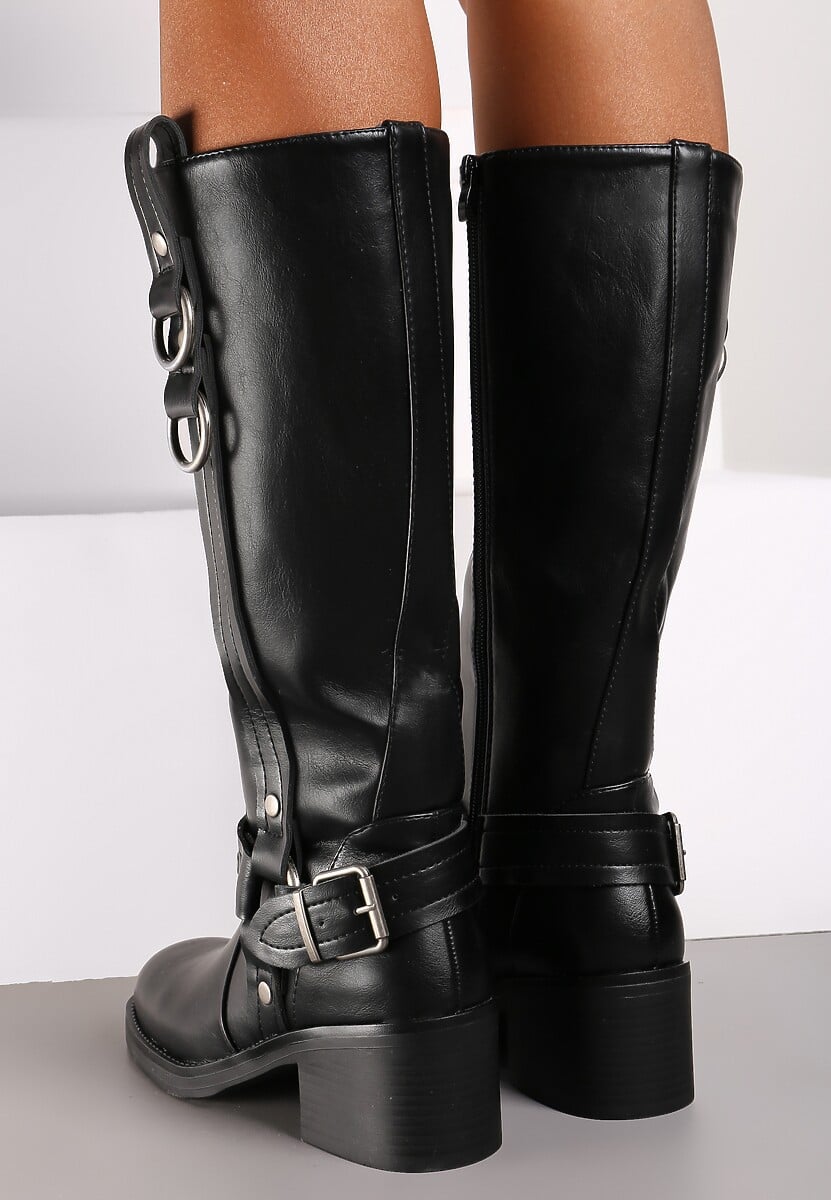 Czarne Kozaki na Słupku w Stylu Bikerów z Klamrami Velarisea