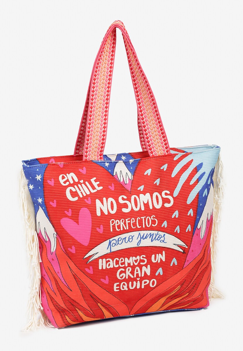 Czerwono-Biała Duża Torebka na Grubszych Ramiączkach z Frędzlami po Bokach Axubia