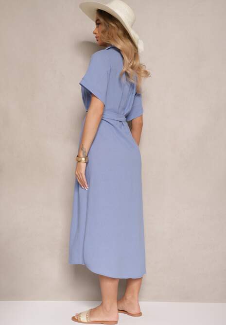 Granatowa Wiskozowa Sukienka Koszulowa z Wiązanym Paskiem w Talii Vanisti