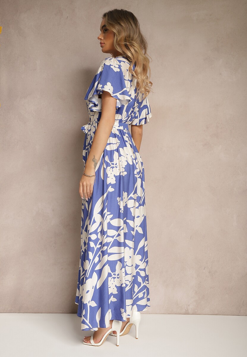 Niebieska Wiskozowa Sukienka Rozkloszowana w Kwiaty z Paskiem Flornelia