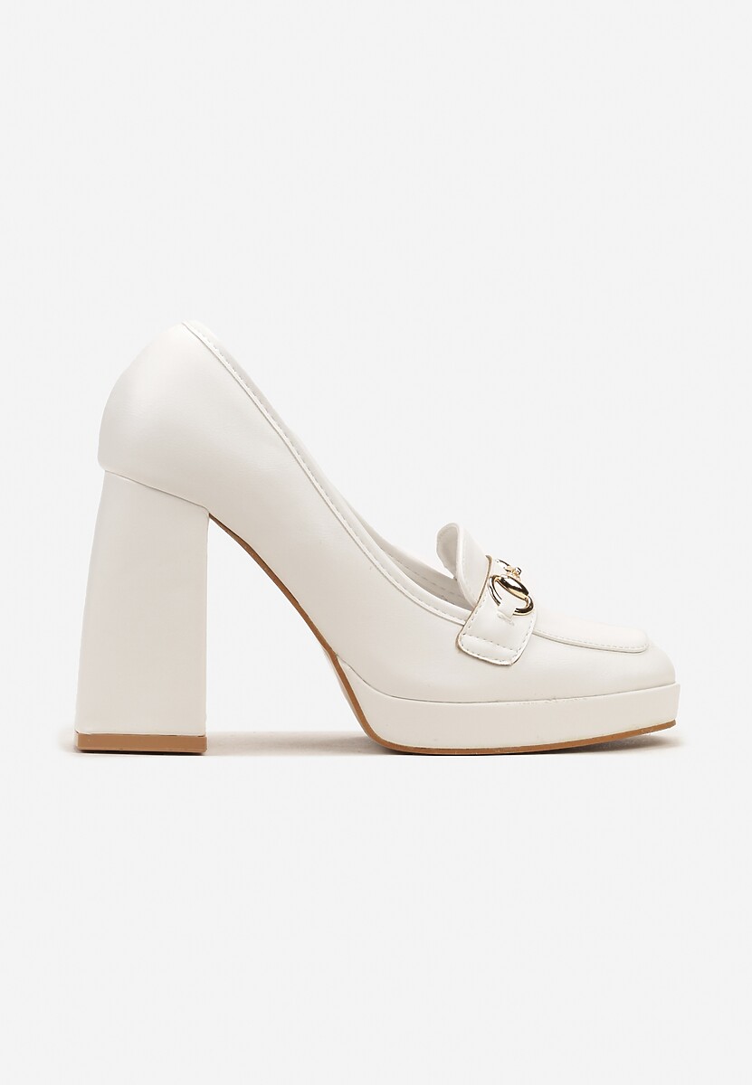 Białe Czółenka na Wysokim Słupku z Platformą i Metalową Klamerką Paliotte