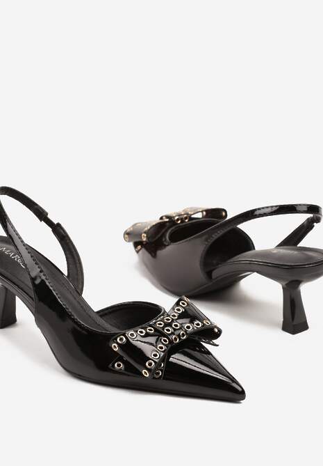Czarne Lakierowane Sandały na Klepsydrowym Obcasie z Kokardą Davivora