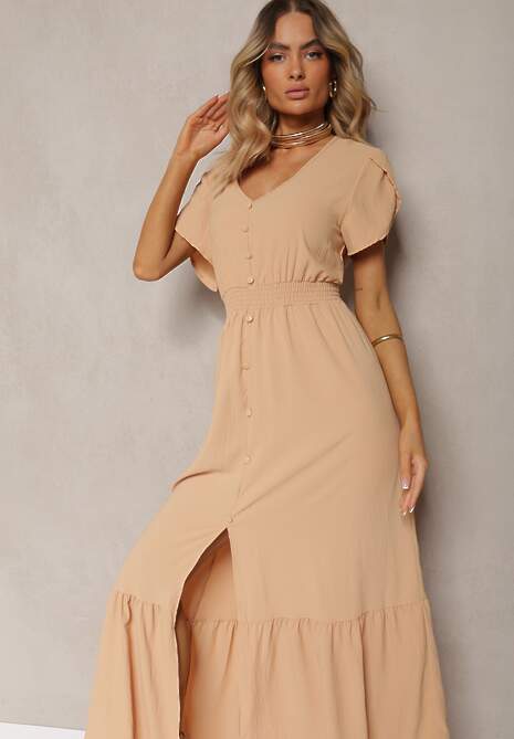 Ciemnobeżowa Rozkloszowana Sukienka z Gumkami w Talii z Guzikami i Rozcięciem Gafia