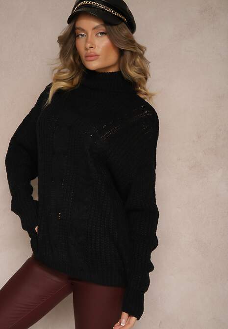 Czarny Golf z Wiskozą w Stylu Oversize z Ozdobnym Splotem Korremi