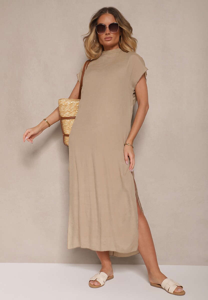 Beżowa Sukienka o Pudełkowym Kroju z Wiązaniem Napalea