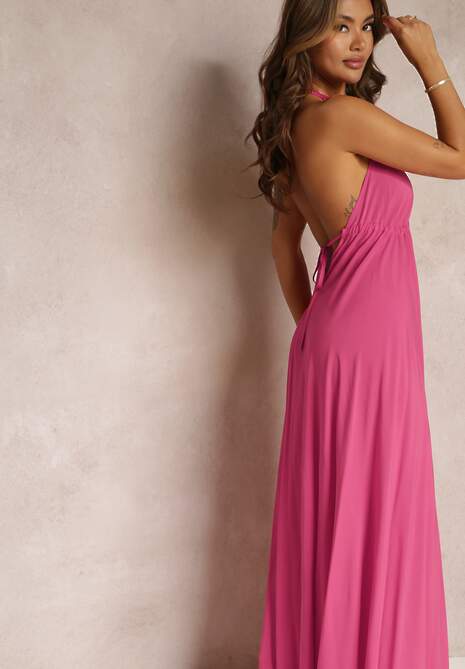 Fuksjowa Rozkloszowana Sukienka Bawełniana z Wiązaniem na Szyi Panethea