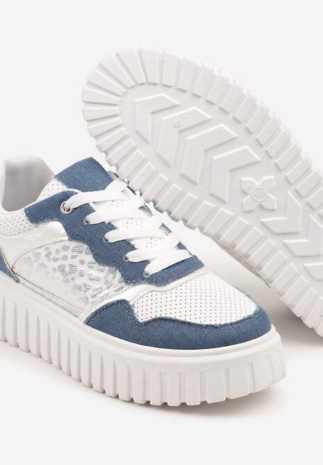 Niebiesko-Białe Sneakersy na Platformie z Tłoczeniami Zdobione Panterkowym Printem Herraza