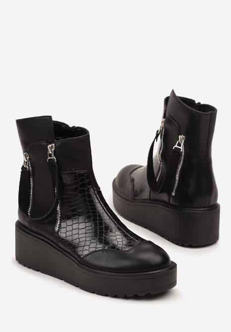 Czarne Botki Vices na Koturnie i Platformie Ozdobione Suwakiem Gattie