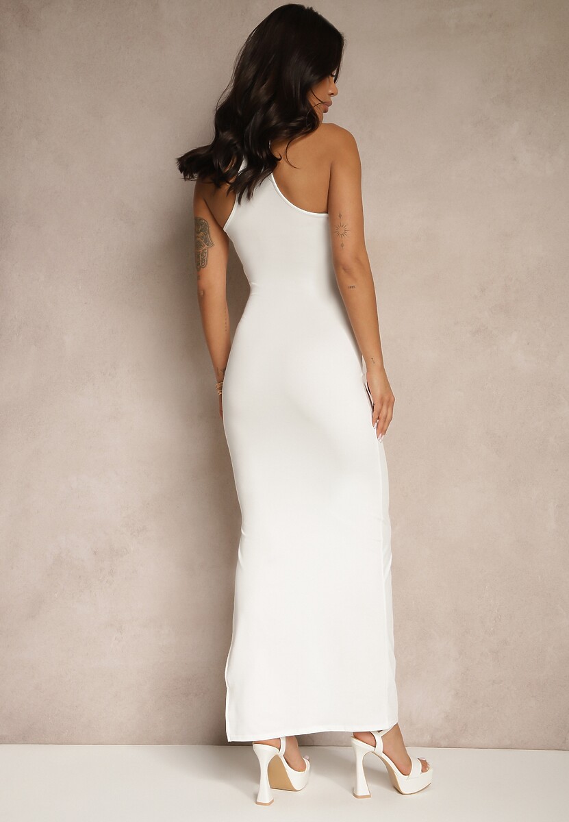 Biała Sukienka z Wiskozą z Ozdobnym Marszczeniem przy Dekolcie i Rozcięciem Lunitiela