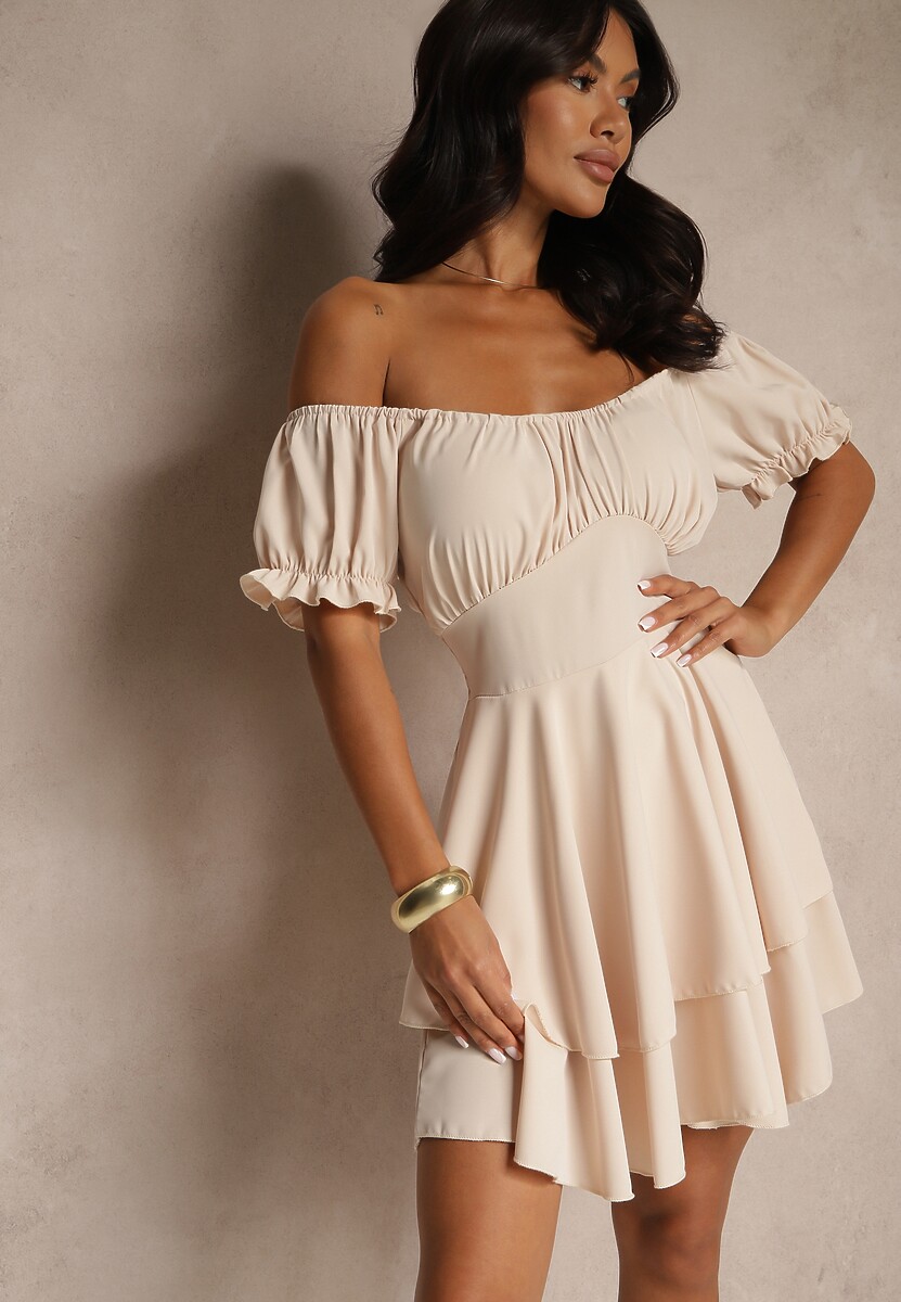 Beżowa Sukienka z Bawełną Ozdobiona Falbankami  i Bufkami Mavilare