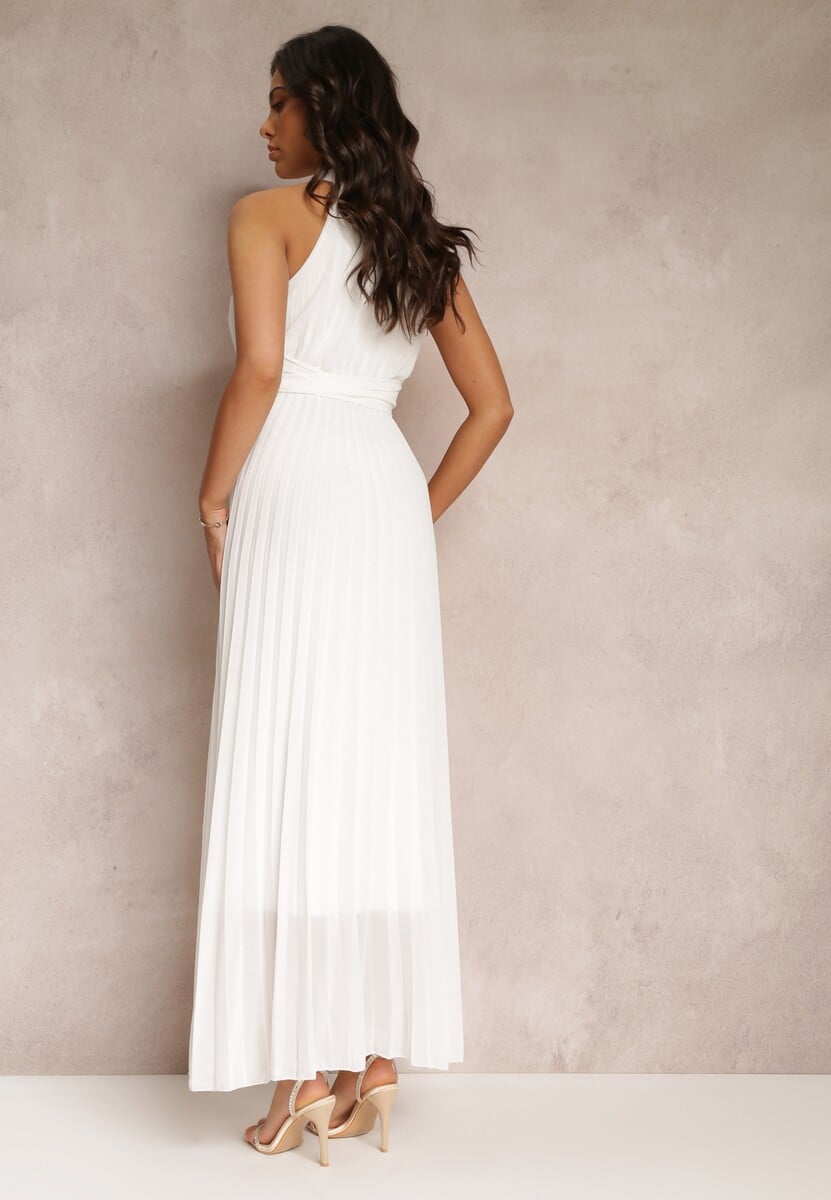 Biała Sukienka Maxi bez Rękawów z Gumką w Talii z Plisowanej Tkaniny Pesstia