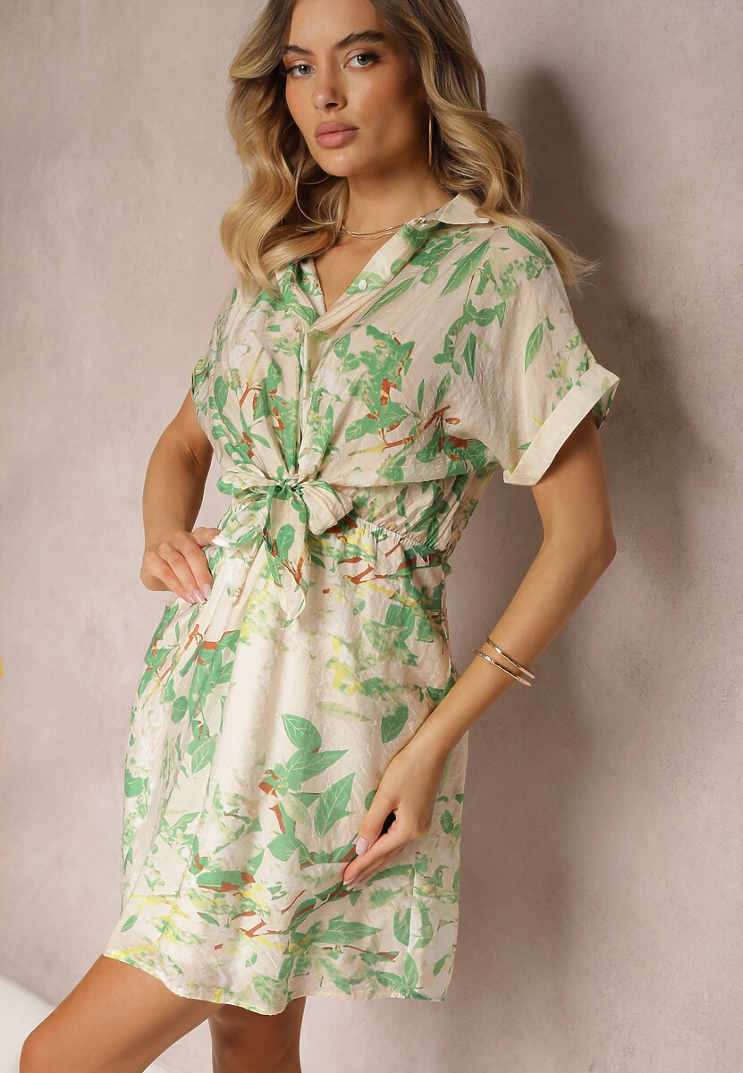 Beżowo-Zielona Sukienka z Wiązaniem w Talii Ozdobiona Abstrakcyjnym Printem Namsalia