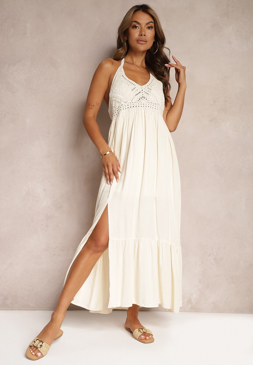 Beżowa Sukienka Boho Rozkloszowana z Wiskozy Risalenne