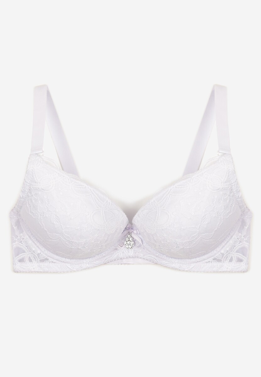 Biały Koronkowy Biustonosz Typu  Push Up z Metaliczną Ozdobą Nelisea