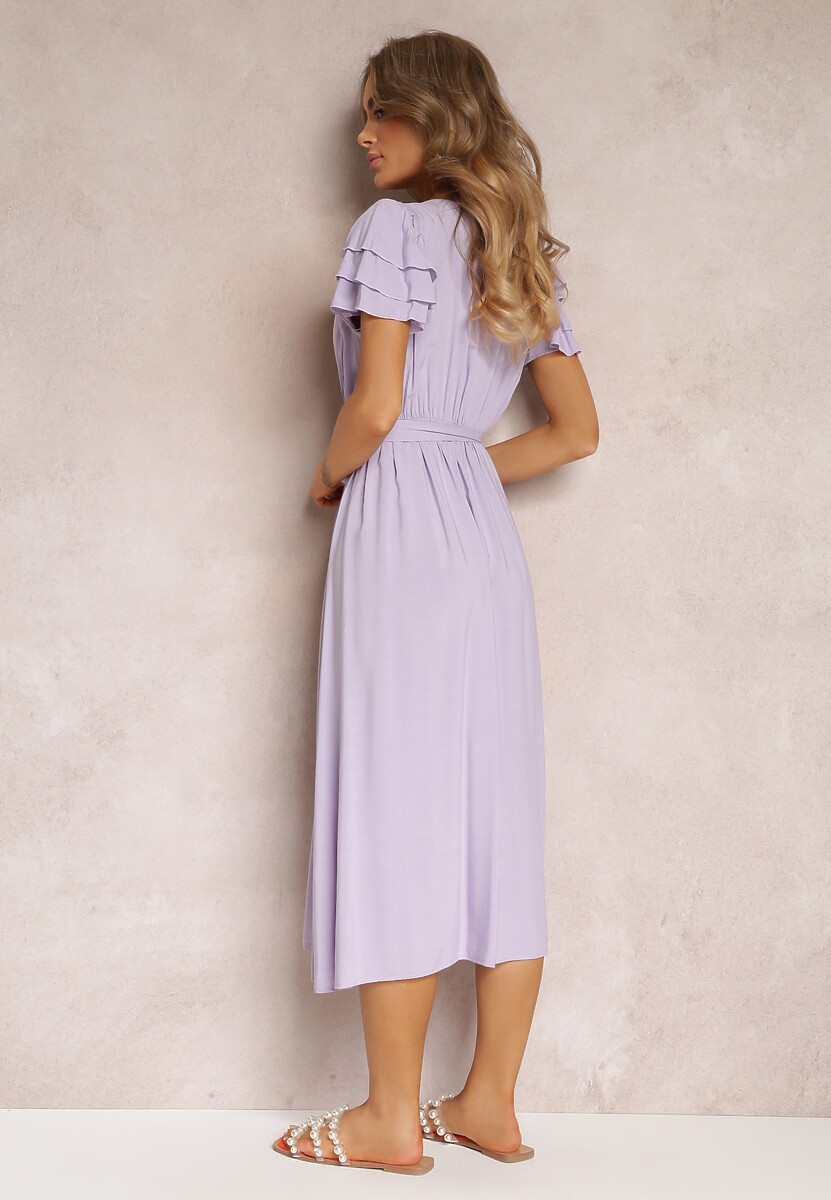 Fioletowa Wiskozowa Sukienka Midi z Gumką w Talii i Falbankami Nenora