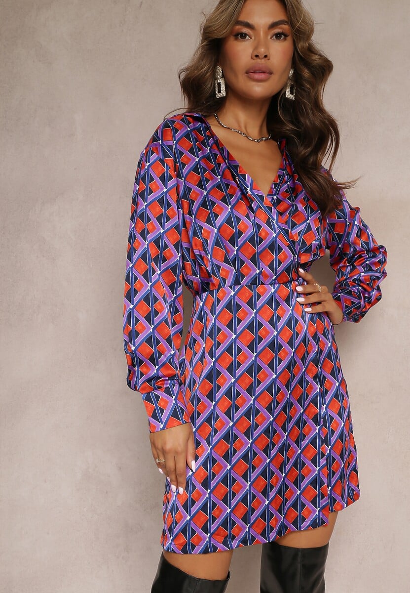 Fioletowa Sukienka z Gumką w Pasie i Dekoltem na Zatrzask Tarazi