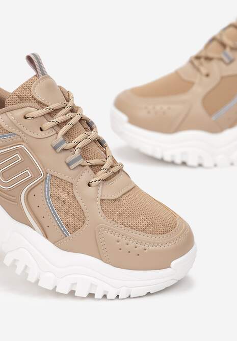 Ciemnobeżowe Płaskie Sneakersy na Grubej Podeszwie z Kolorowymi Wstawkami i Metalową Ozdobą Paussa