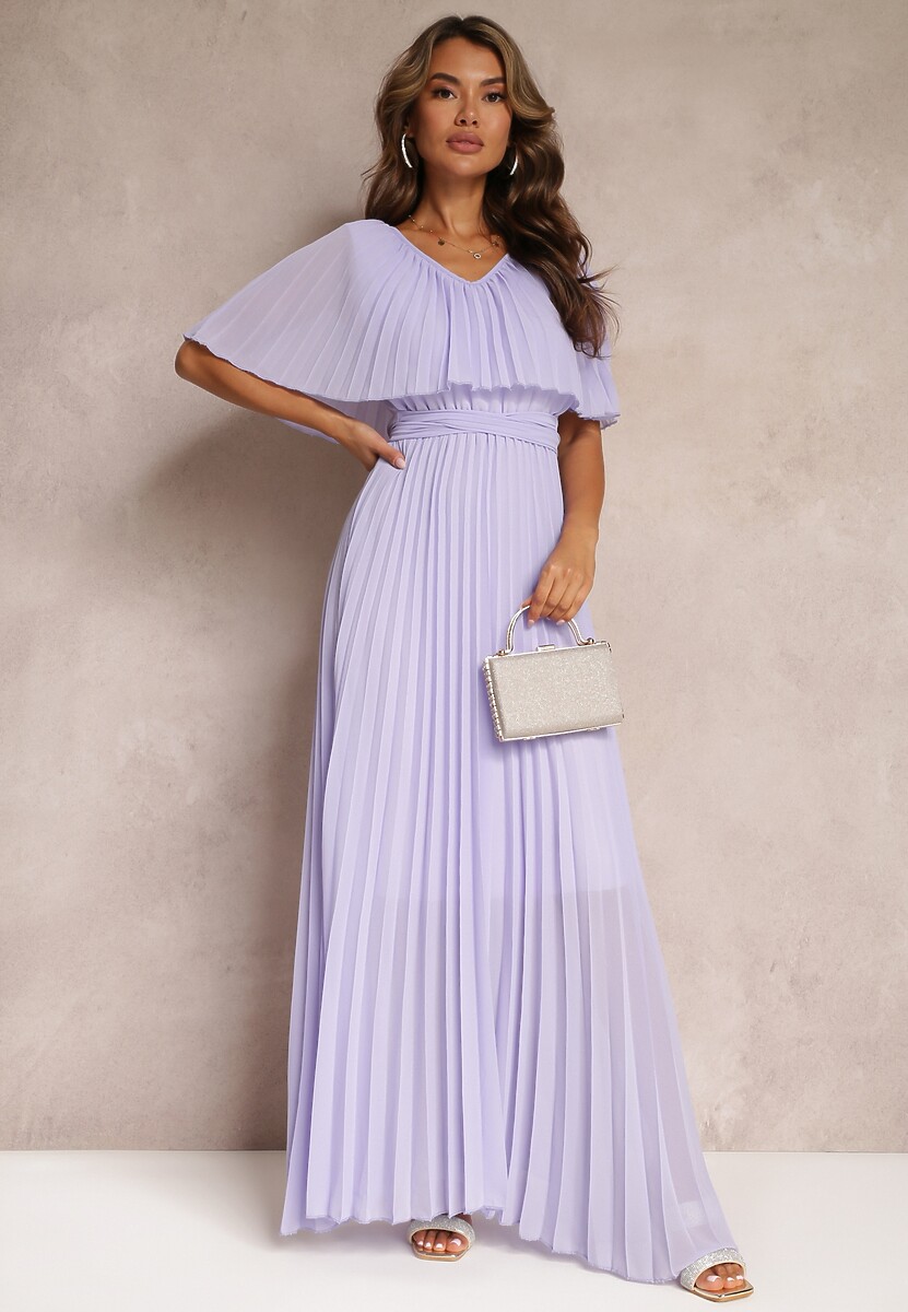 Fioletowa Plisowana Sukienka z Gumką w Pasie z Falbaną Przy Dekolcie Drenia