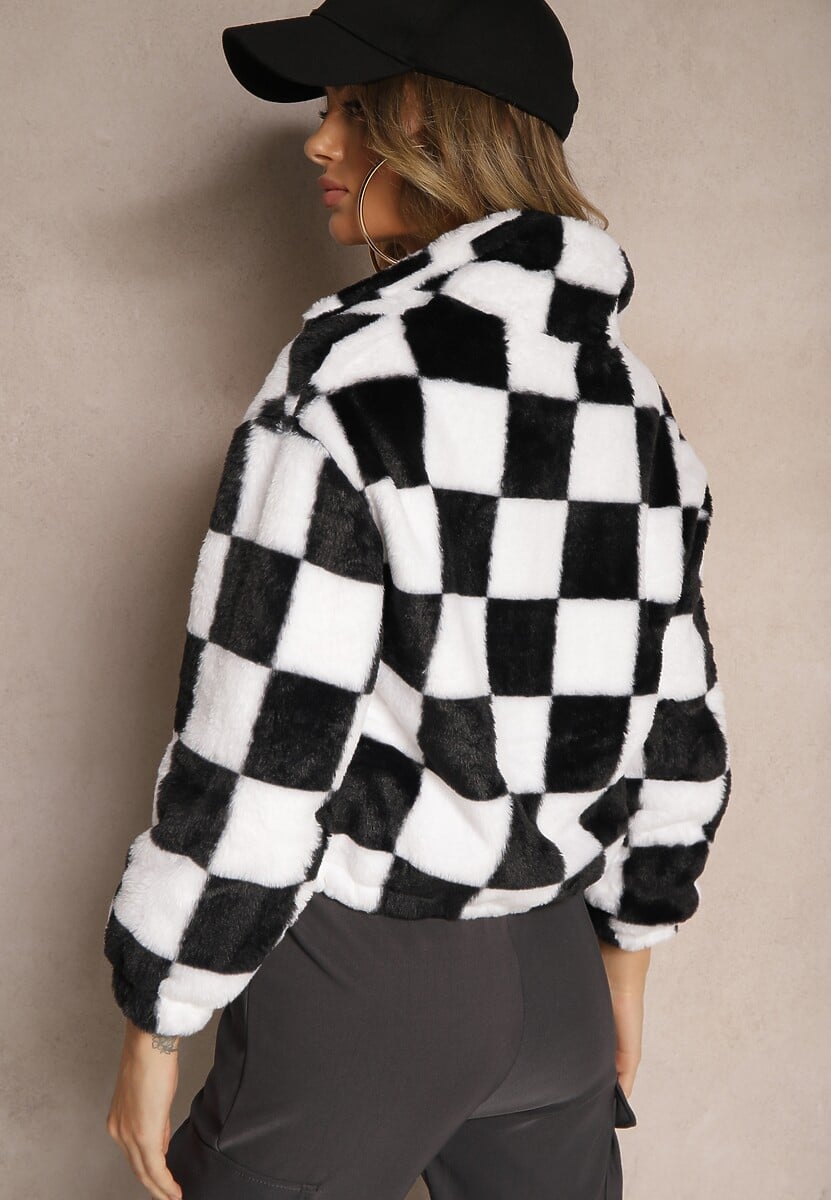 Czarno-Biała Kurtka z Futerka Zasuwana z Kołnierzykiem w Kratkę Vitista