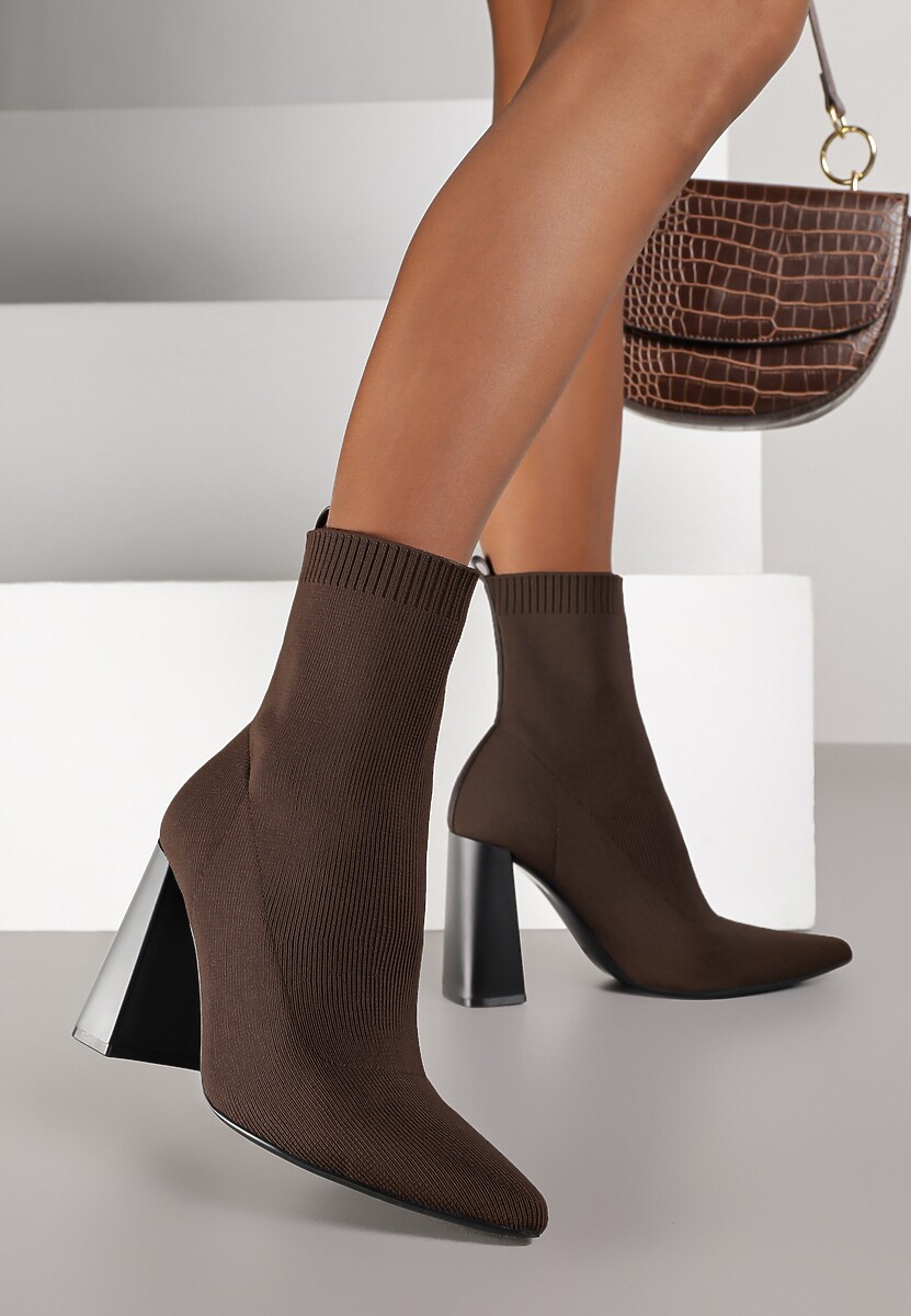 Bordowe Botki Vices na Geometrycznym Słupku ze Skarpetową Cholewką Falunelle