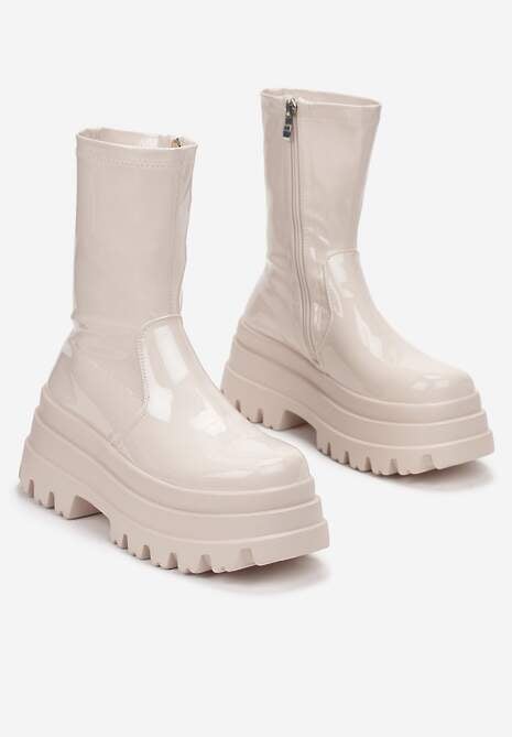 Beżowe Botki Lakierowane na Grubej Podeszwie Neafgi