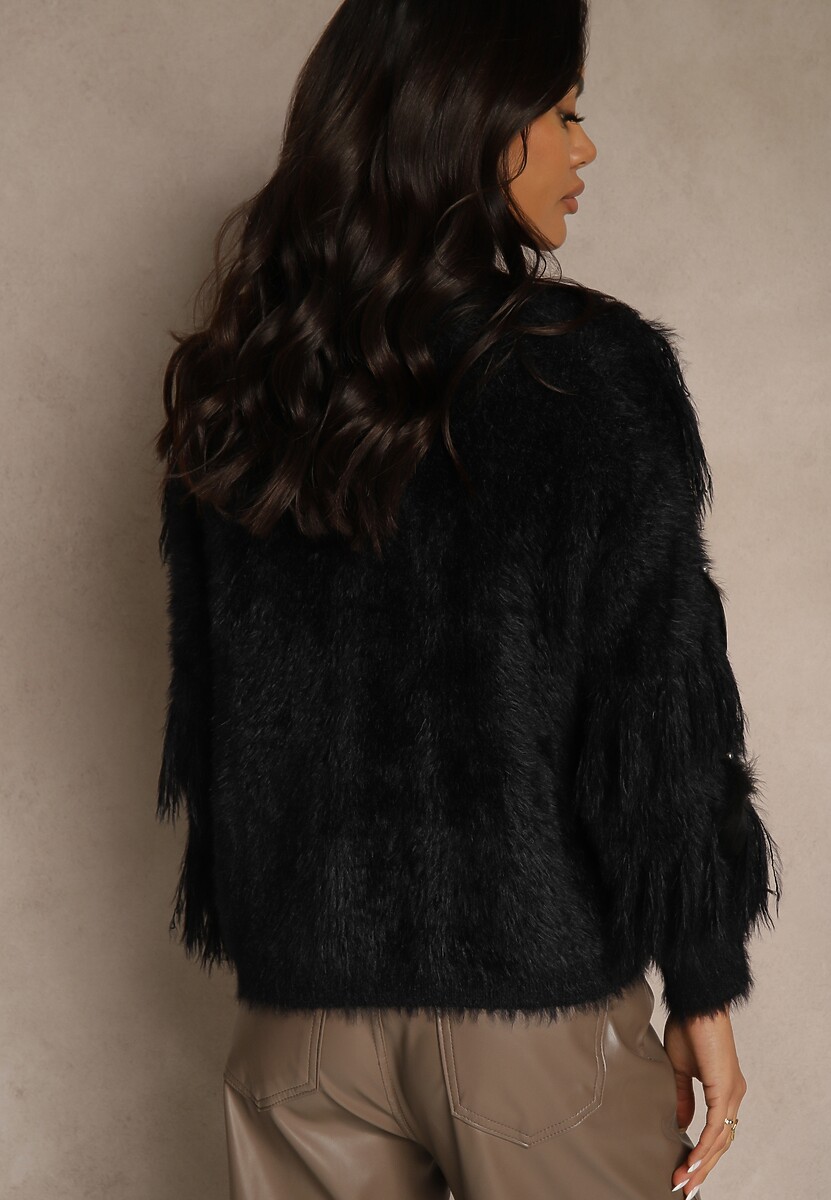 Czarny Kardigan z Dzianiny z Wełną Imitującą Pióra z Perłowymi Guzikami Meviatta