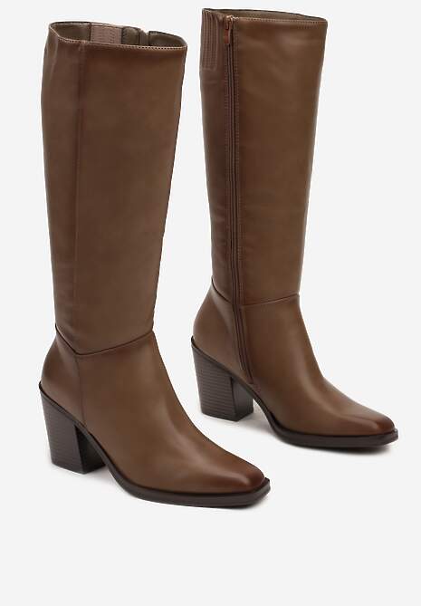 Ciemnobeżowe Casualowe Kozaki na Słupku Movara